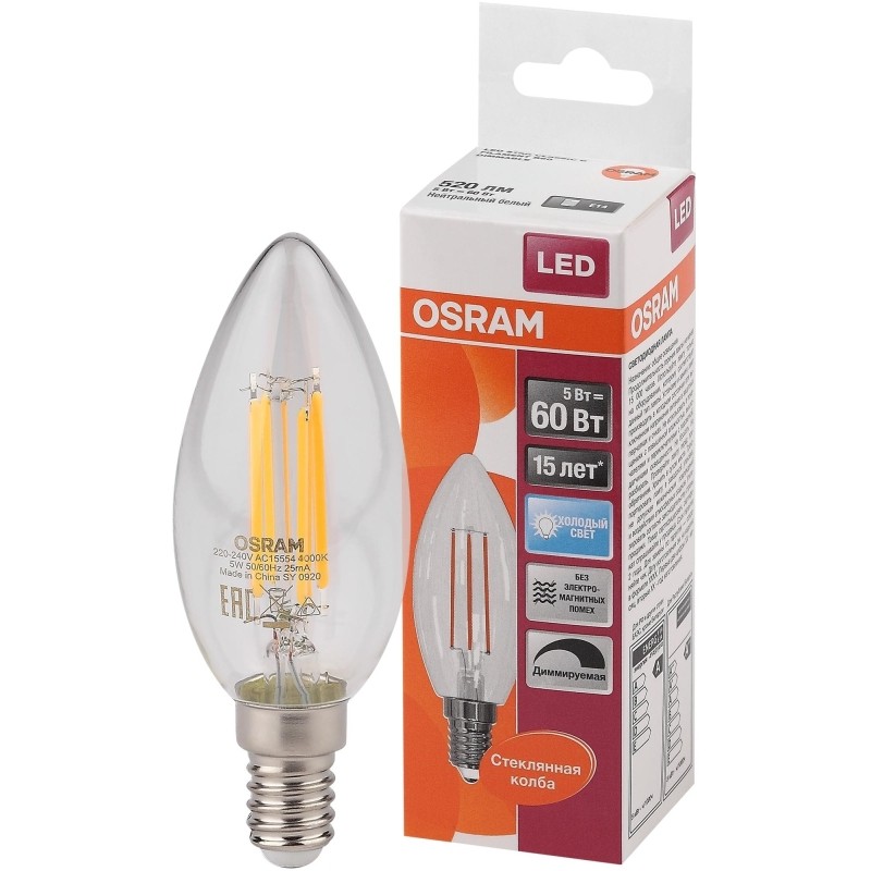 Лампа светодиодная OSRAMLSCLB60D 5W/840 230V FIL E14 FS1