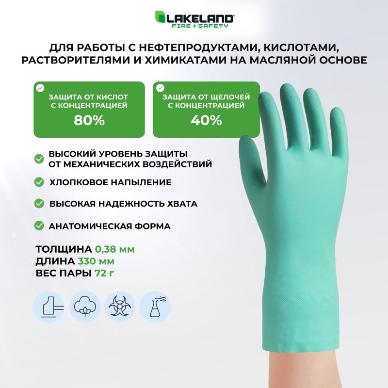 Перчатки защитные нитрил Lakeland Nitrosol EN15F цв.зеленый р.10