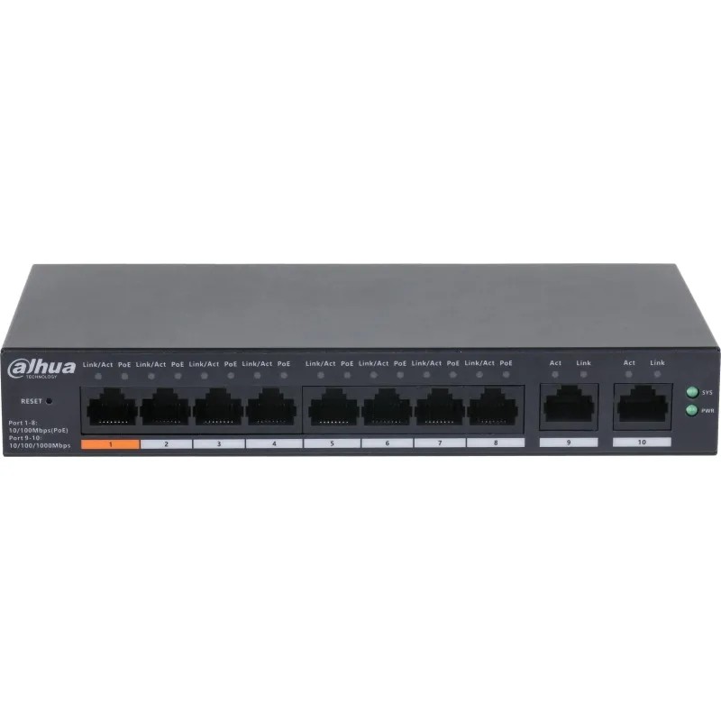 Коммутатор DAHUA DH-CS4010-8ET-60 8-порт,PoE,L2,RJ45,uplink,60Вт,4.8 Гб,8К