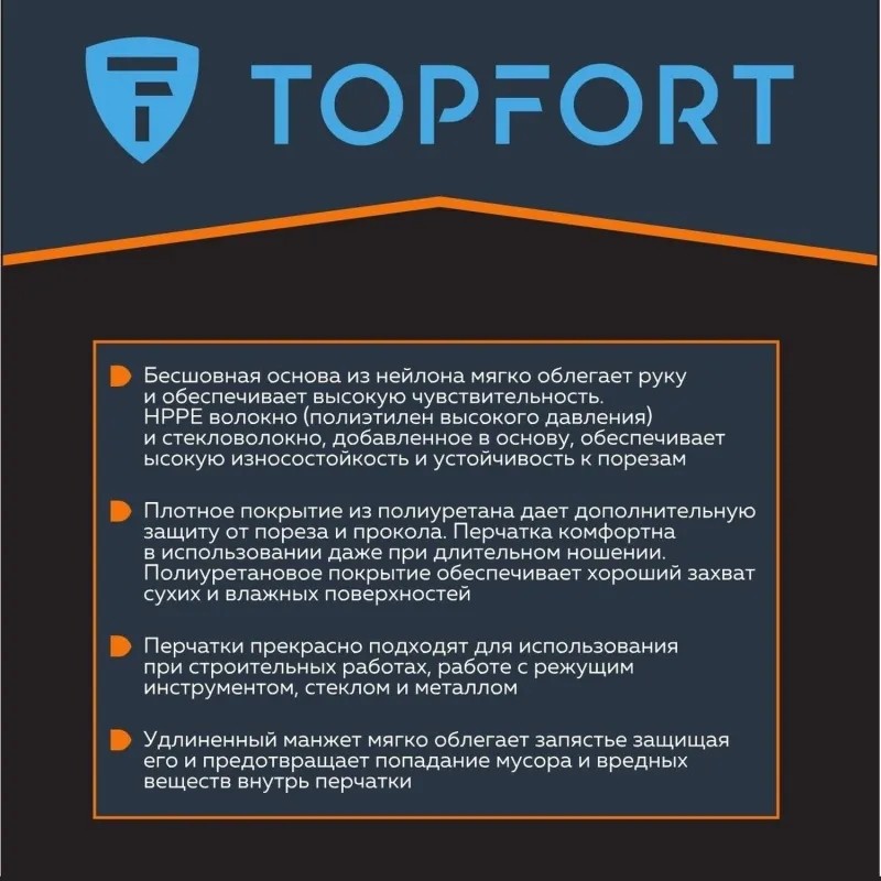 Перчатки защитные от порезов TopFort Сполдер ПУ C с ПУ покрытием р.8