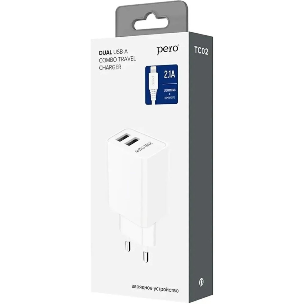 Зарядное устройство сет. PERO TC02 2USB 2.1A c каб. Lightning белый Зарядное устройство сет. PERO TC02 2USB 2.1A c каб. Lightning белый