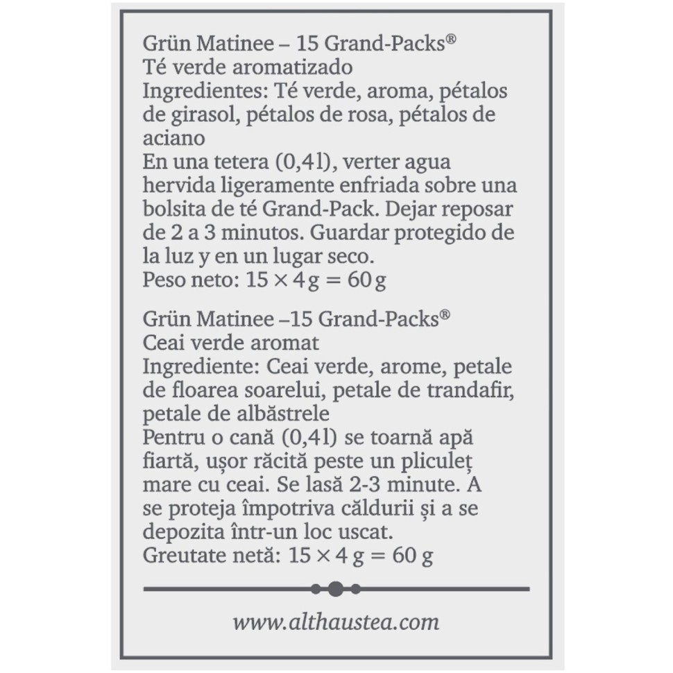 Чай пакетированный Althaus Grun Matinee Grand Pack зеленый, 15x4г