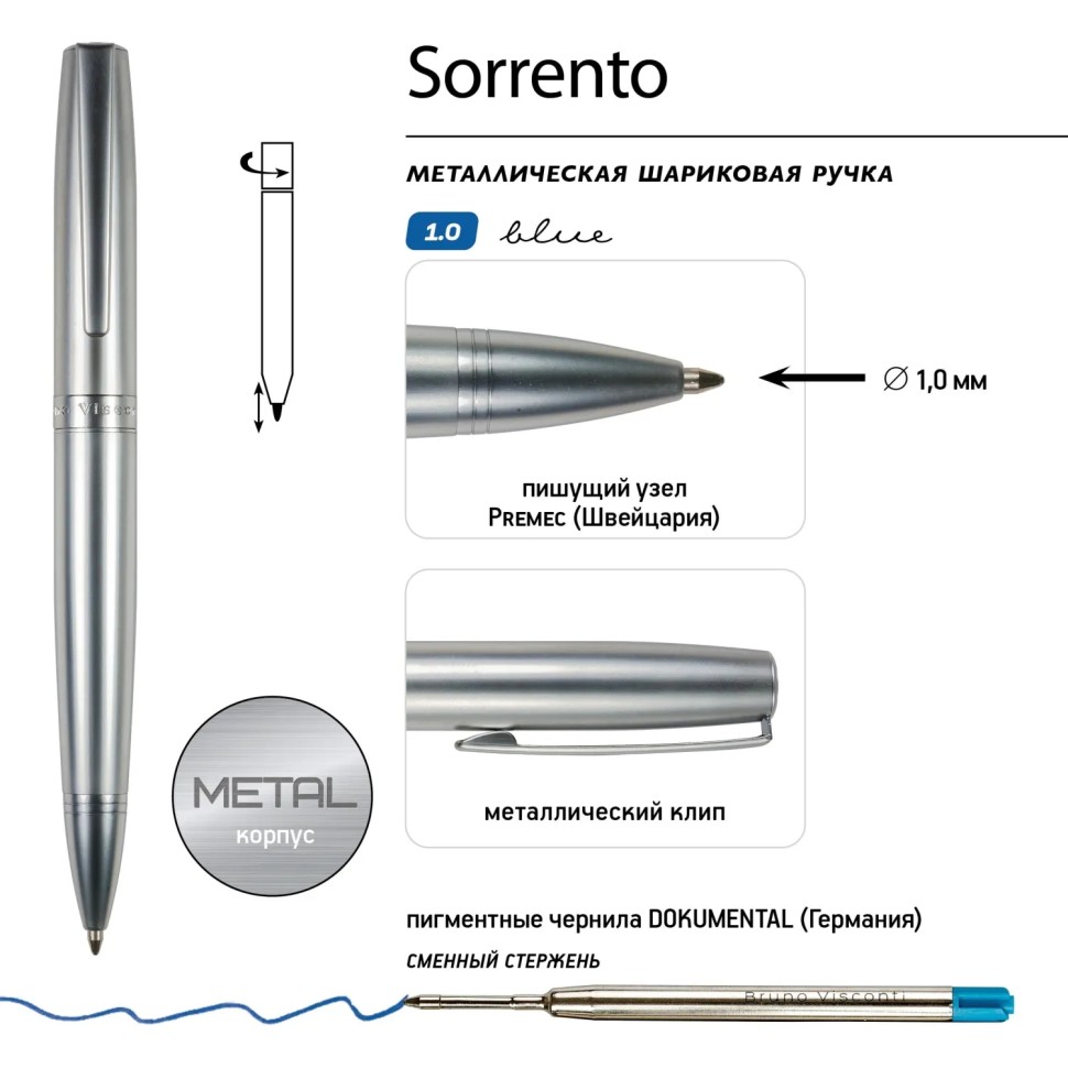 Ручка шариковая SORRENTO 1.0мм,син, корп.сереб/фут.черн,20-0346/09