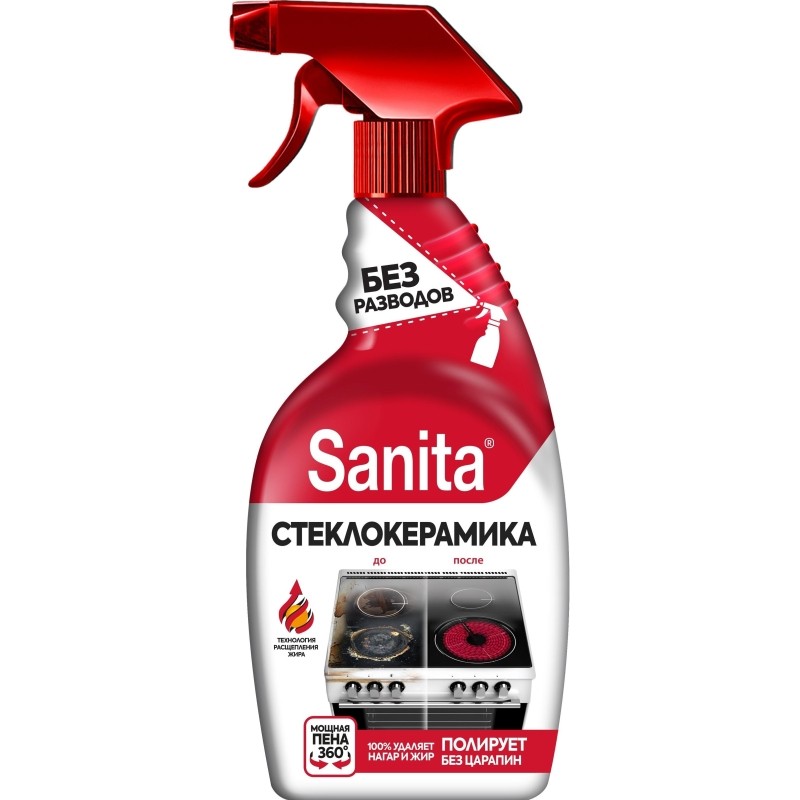 Средство для чистки плит SANITA спрей Антижир для стеклокерамики, 500 мл