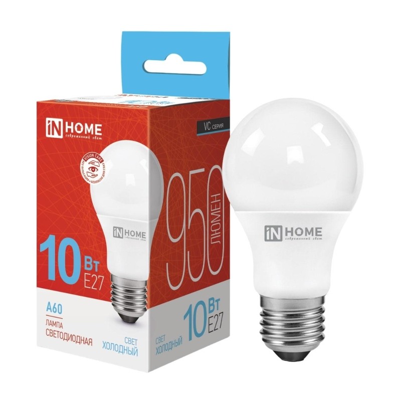Лампа светодиодная LED-A60-VC 10Вт 230В Е27 6500К 950 Лм IN HOME