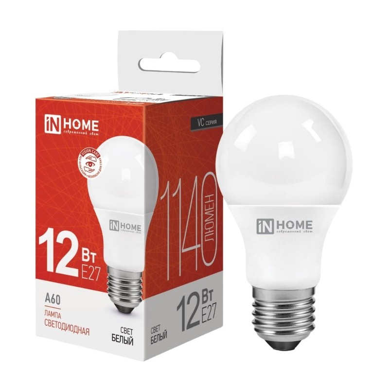 Лампа светодиодная LED-A60-VC 12Вт 230В Е27 4000К 1140 Лм IN HOME