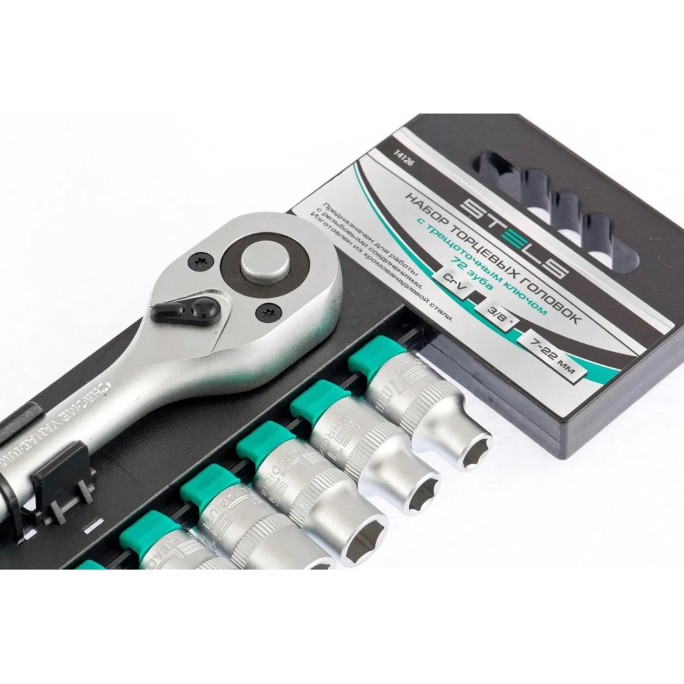 Набор головок торцевых с трещотк. Stels 11 предм 3/8 (7-22 мм) CrV (14126) Набор головок торцевых с трещотк. Stels 11 предм 3/8 (7-22 мм) CrV (14126)