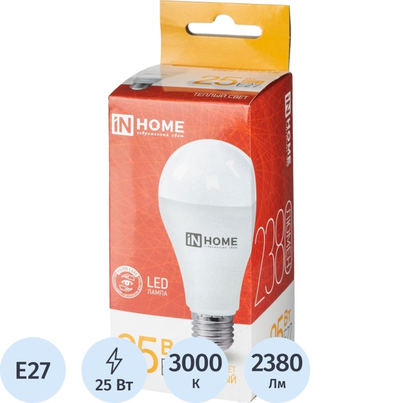 Лампа светодиодная LED-A65-VC 25Вт 230В Е27 3000К 2380 Лм IN HOME