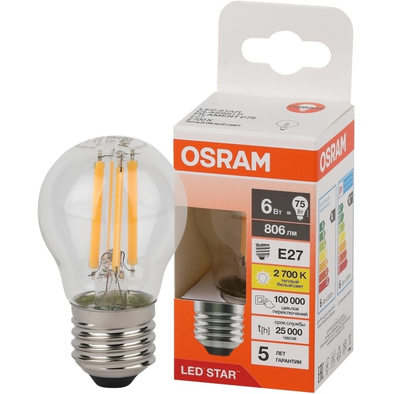 Лампа светодиодная OSRAM LSCLP75 6W/827 230VFILCL E27 FS1 684720