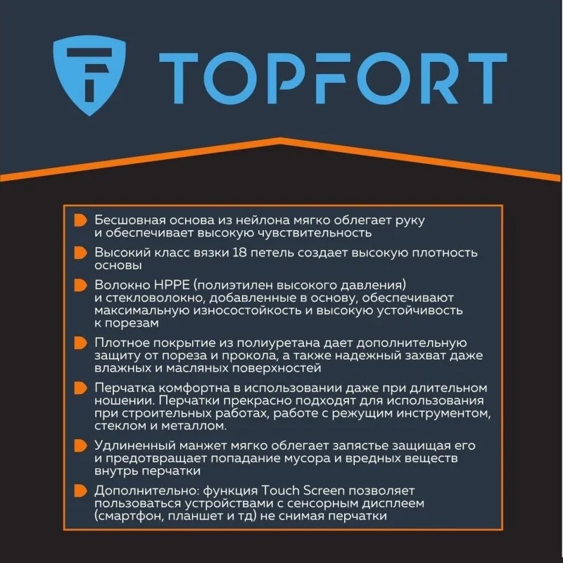 Перчатки защитные от порезов TopFort Сполдер ПУ Тач B с ПУ покрытием р.10