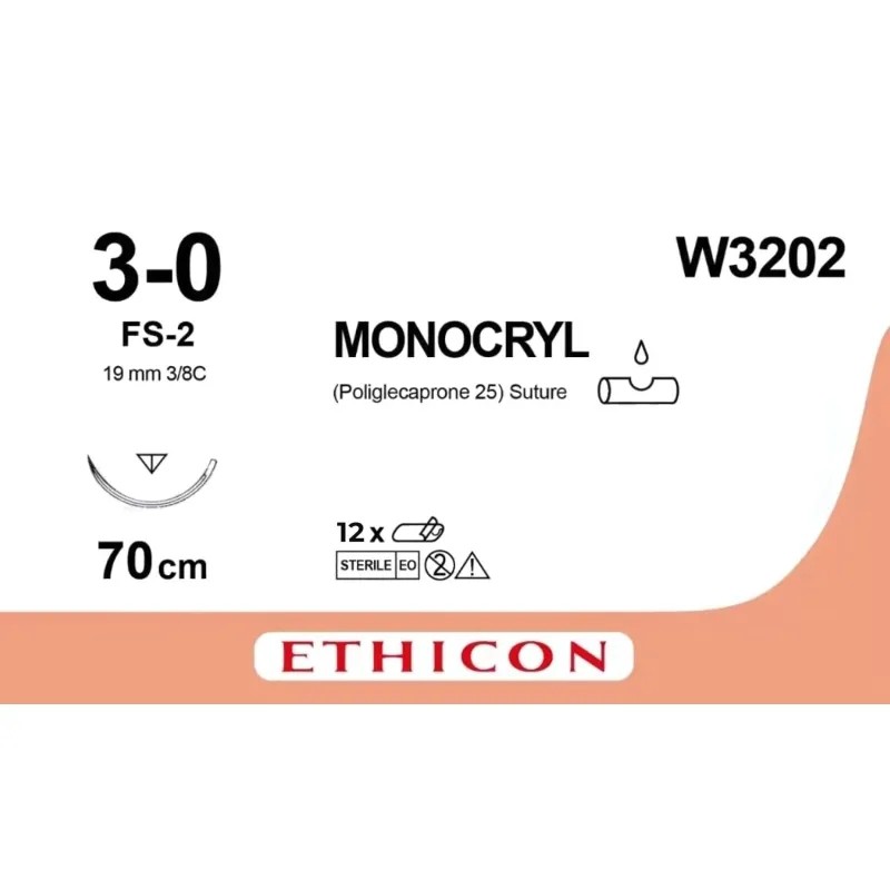 Шовный материал МОНОКРИЛ 3/0 70см н/окр Обр.-реж. 19мм 3/8 W3202 12шт/уп