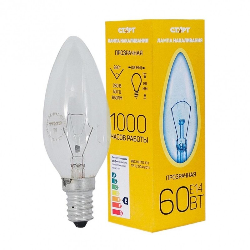 Электрическая лампа СТАРТ свеча/прозрачная 60W E14