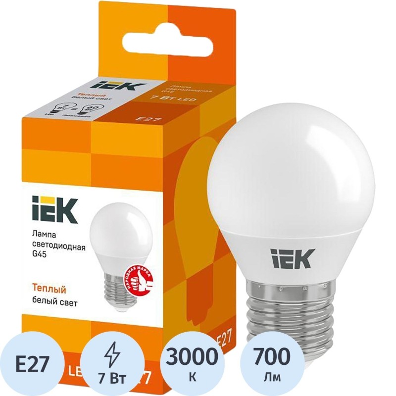 Лампа светодиодная Eco G45 7Вт шар 3000К E27 IEK LLE-G45-7-230-30-E27