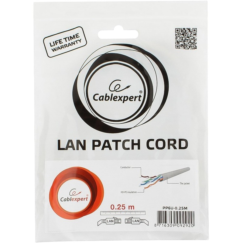 Патч-корд UTP Cablexpert PP6U-0.25M кат.6, 0.25м, серый