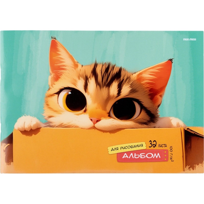 Альбом д/рисования  А4 32л. КОТИК В КОРОБКЕ  скрепка, 32-1011