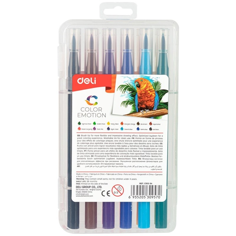 Фломастеры набор Deli Color Emotion кисть смываемые 12цв. пластик. Пенал