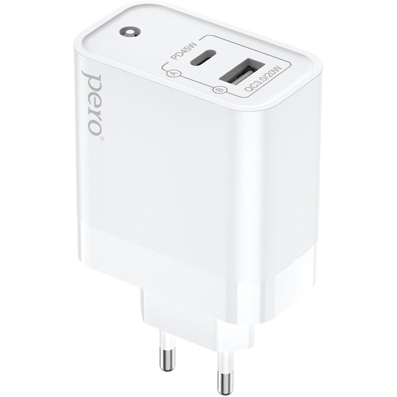 Зарядное устройство сетевое PERO TC15 USB-A QC3.0 + USB-C PD, 65W белый