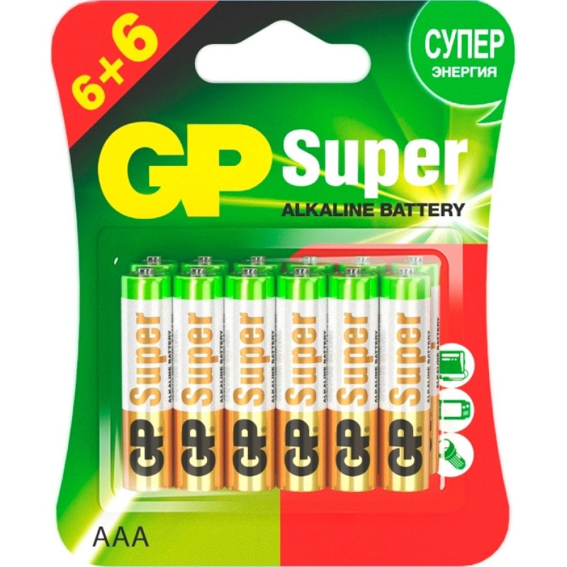 Батарейка GP Super LR03/AAA 1,5V/24A алк. 24A6/6-2CR12 (6+6) 12 шт/уп