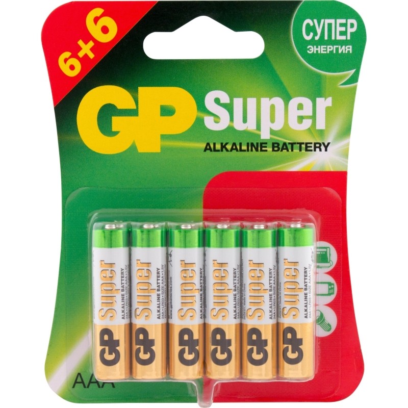 Батарейка GP Super LR03/AAA 1,5V/24A алк. 24A6/6-2CR12 (6+6) 12 шт/уп