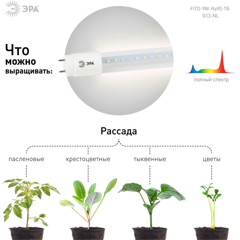 Фитолампа светодиодная ЭРА FITO-9W-Ra90-Т8-G13-NL полного спектра