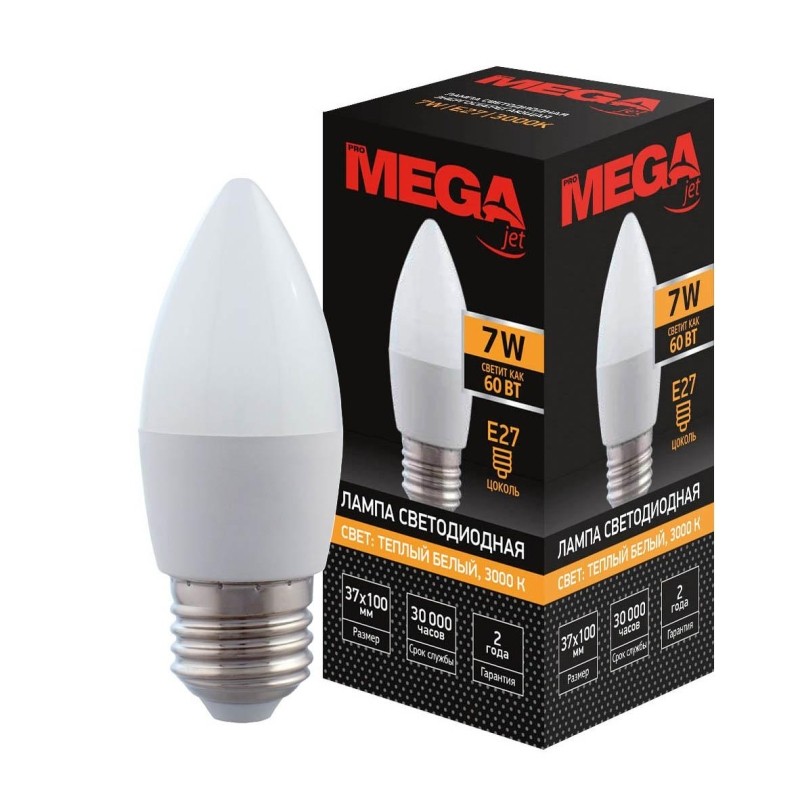 Лампа светодиодная Mega 7W E27 3000K тепл.свет свеча