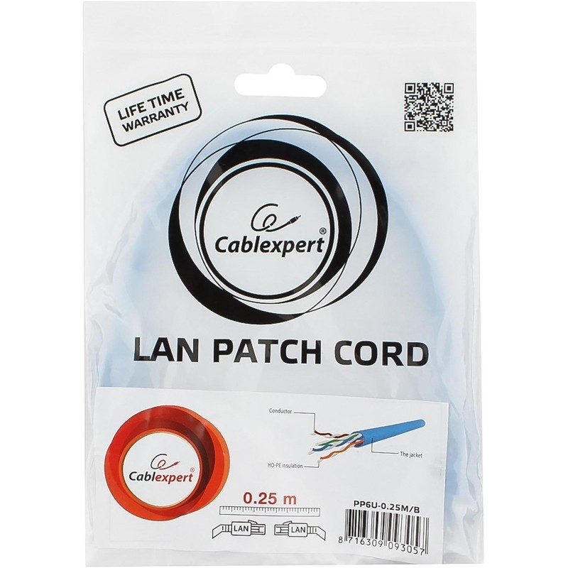 Патч-корд UTP Cablexpert PP6U-0.25M/B кат.6, 0.25м, синий