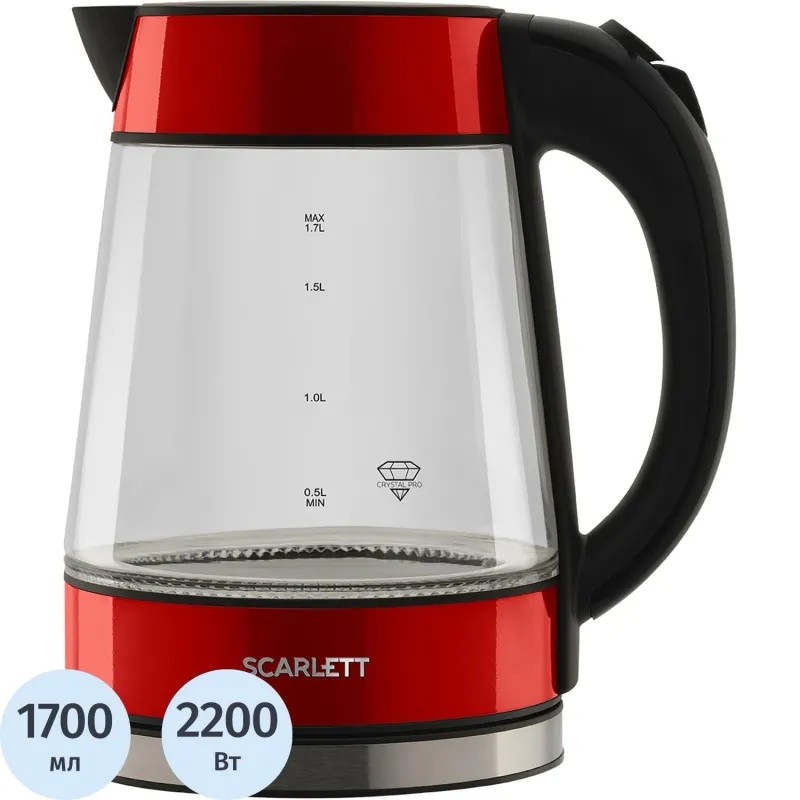 Чайник электрический SCARLETT SC-EK27G79, стекло, 2200Вт, 1.7л, красный