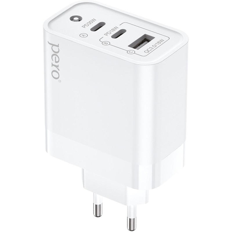 Зарядное устройство сетевое PERO TC14 USB-A QC3.0 + 2х USB-C PD, 48W белый