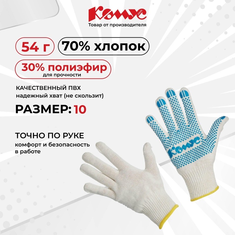 Перчатки защит трикотаж КОМУС ПВХ Точка 5 нитей 52г 10 кл р10 бел 10пар/уп