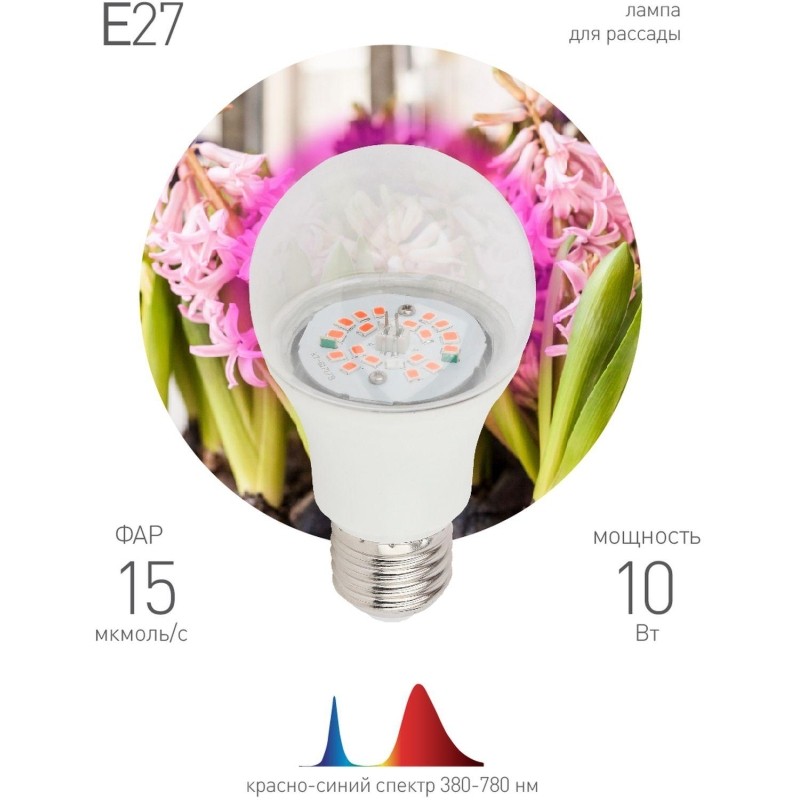 Фитолампа светодиодная ЭРА FITO-10W-RB-E27-K красно-синего спектра