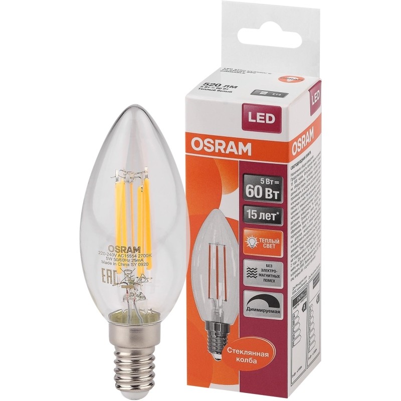 Лампа светодиодная OSRAM LSCLB60D 5W/827 230V FIL E14 FS1(230354)