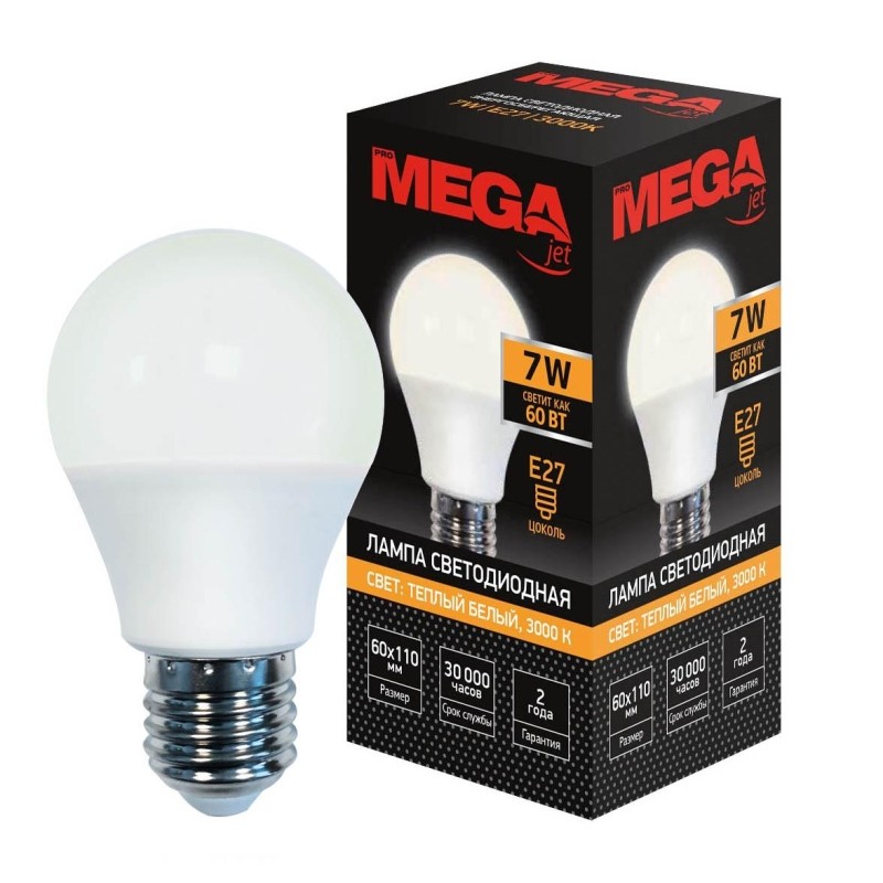 Лампа светодиодная Mega E27 7W 3000K  груша