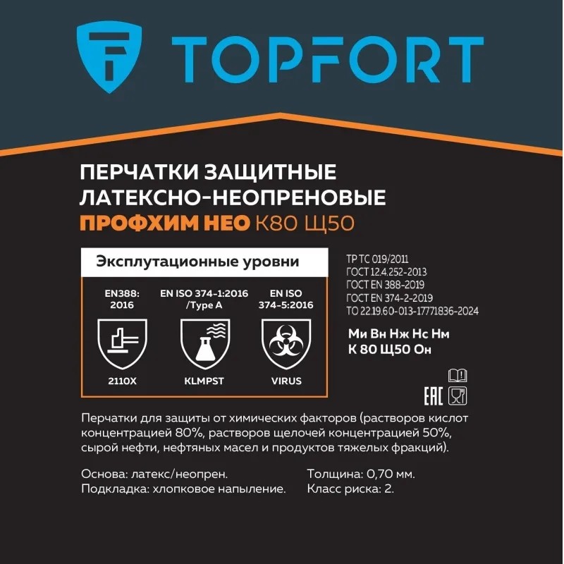Перчатки КЩС латекс/неопрен TopFort Профхим Нео К80 Щ50 цв.желт/син р.10