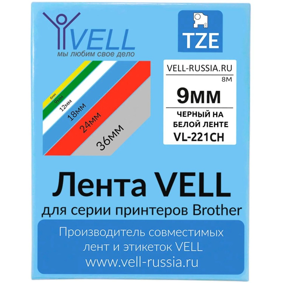 Картридж -лента Vell VL-221CH(с чип.9мм,чер.на бел.)для Puty {Vell-221CH