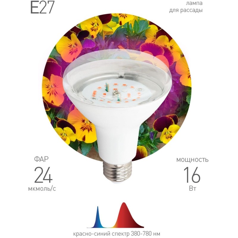 Фитолампа светодиодная ЭРА FITO-16W-RB-E27-K красно-синего спектра
