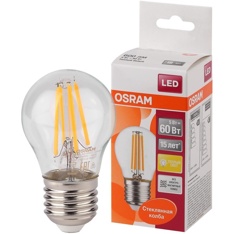 Лампа светодиодная OSRAM LSCLP60 CL 5W/827 230V FIL E27 FS1(684669)