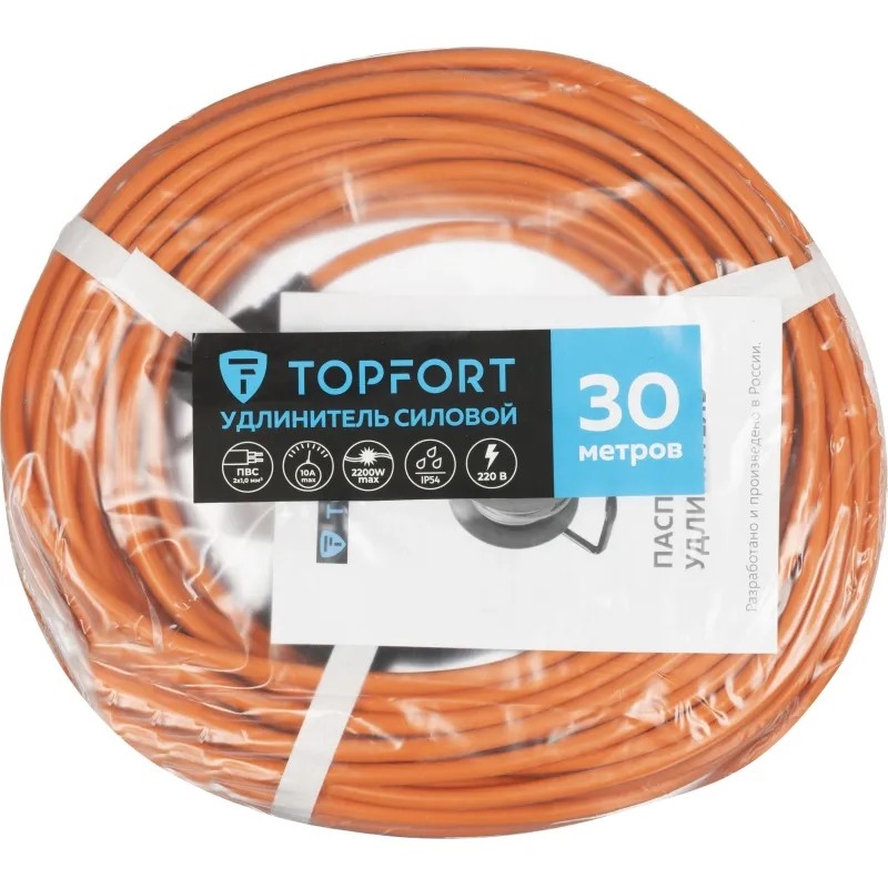 Удлинитель Topfort ПВС 2х1кв.мм 30м в бухте 10А 1 гнездо б/з.,с/заг.,IP44