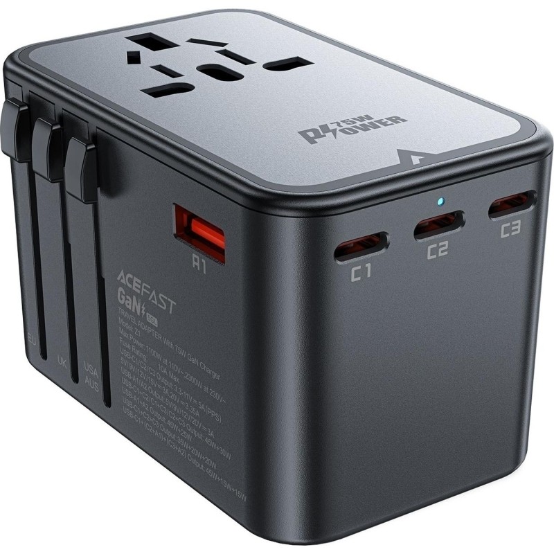 Зарядное устройство ACEFAST Z1 PD75W GaN/3xUSB-C+2xUSB-A/цвет черно-серый