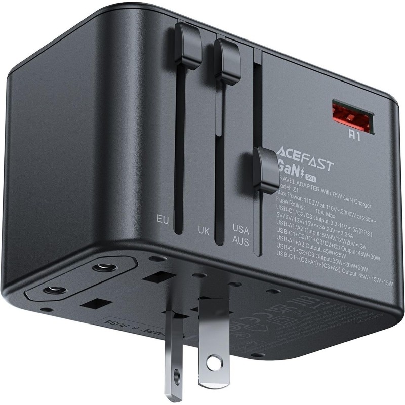Зарядное устройство ACEFAST Z1 PD75W GaN/3xUSB-C+2xUSB-A/цвет черно-серый