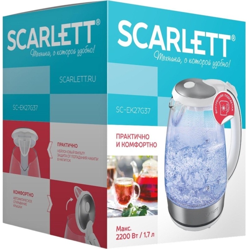 Чайник SCARLETT SC-EK27G37, 2200Вт, 1,7л, белый