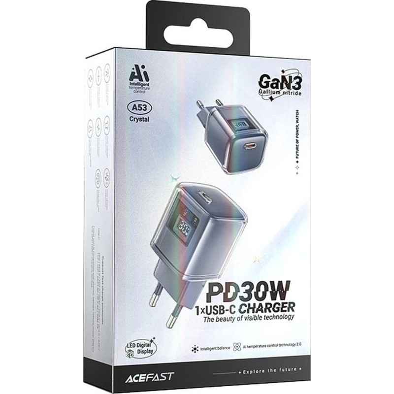 Зарядное устройство ACEFAST A53  PD30W GaN (USB-C),сетевое,серый металлик