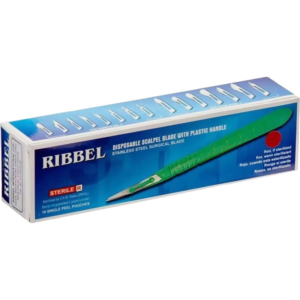 Скальпель хирург, однор., лезвие из нерж.стали р-22, RIBBEL 10шт/уп