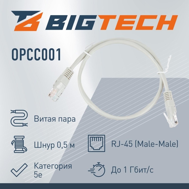 Патч-корд BigTech OPCC001 UTP CCA кат.5e/0.5м/литой/многожильн(серый)
