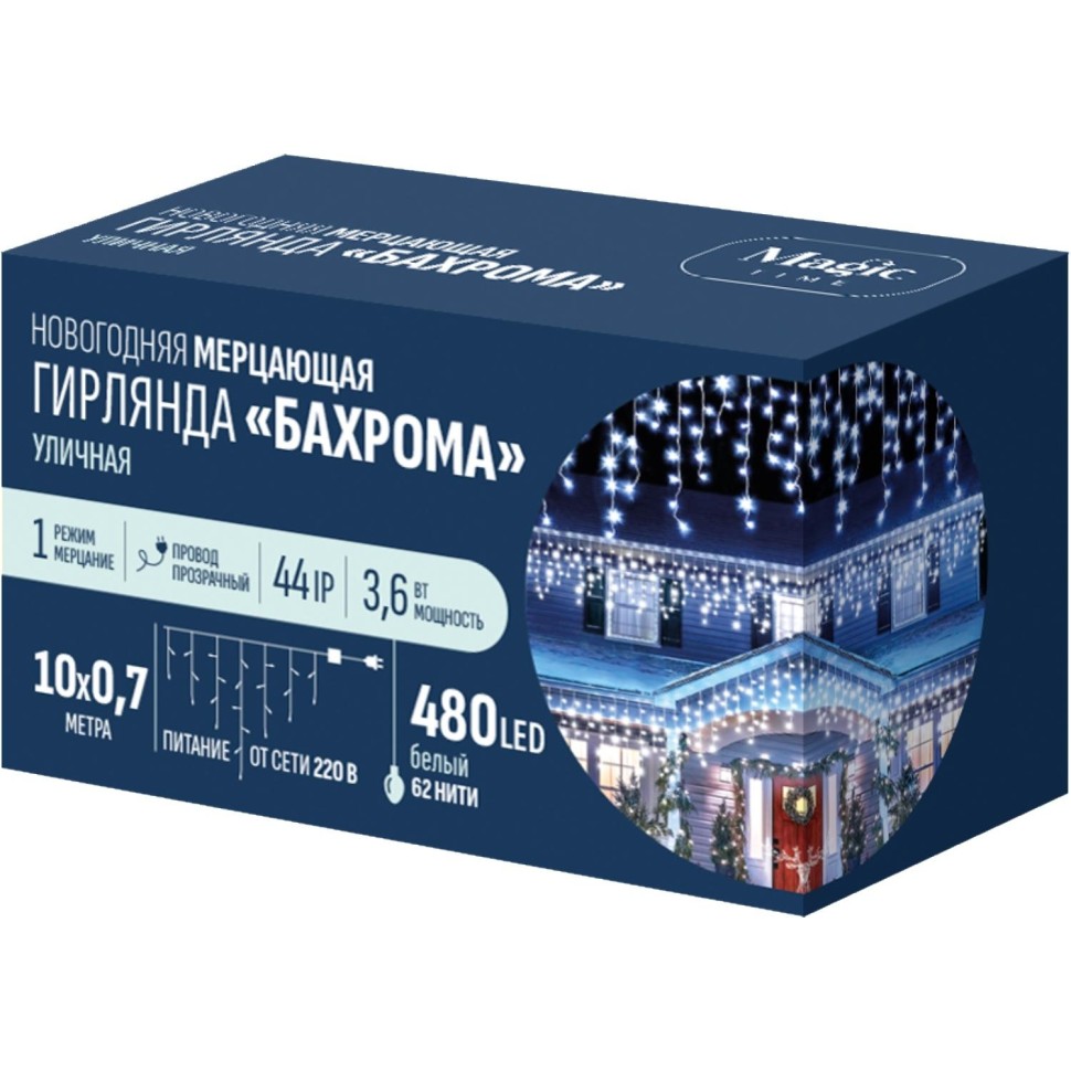 Электрогирлянда 480 LED ламп, размер 1000х70 cм, белый 1 режим, арт.96304