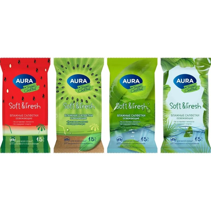 Салфетки влажные освежающие AURA TROPIC COCKTAIL  pocket-pack 15шт КК/110