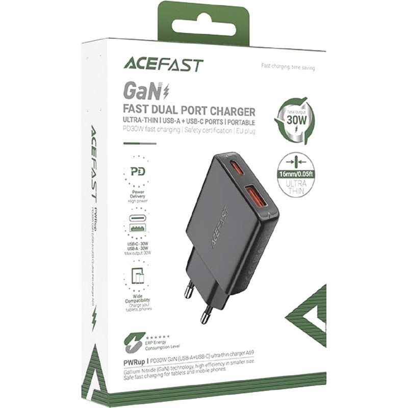 Зарядное устройство ACEFAST A69 PD30W GaN (USB-A+USB-C),сетевое, черный