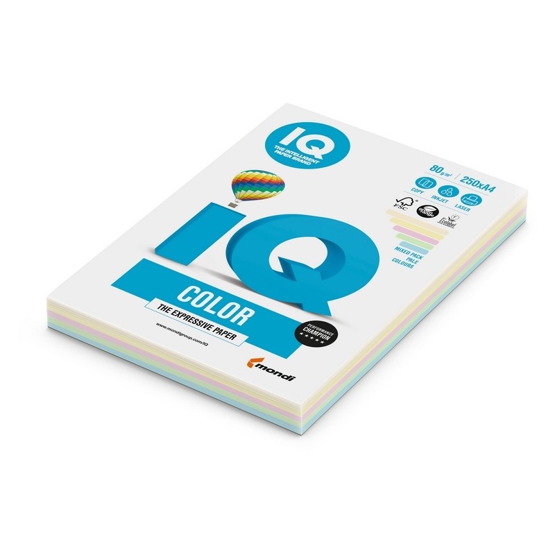 Бумага цветная IQ COLOR (А4,80г,5цв. пастель по 50л.) пачка 250л.