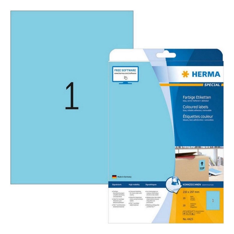 Этикетки самоклеящиеся HERMA 210х297мм голубые матов 1шт/л А4(20л/уп) 4423