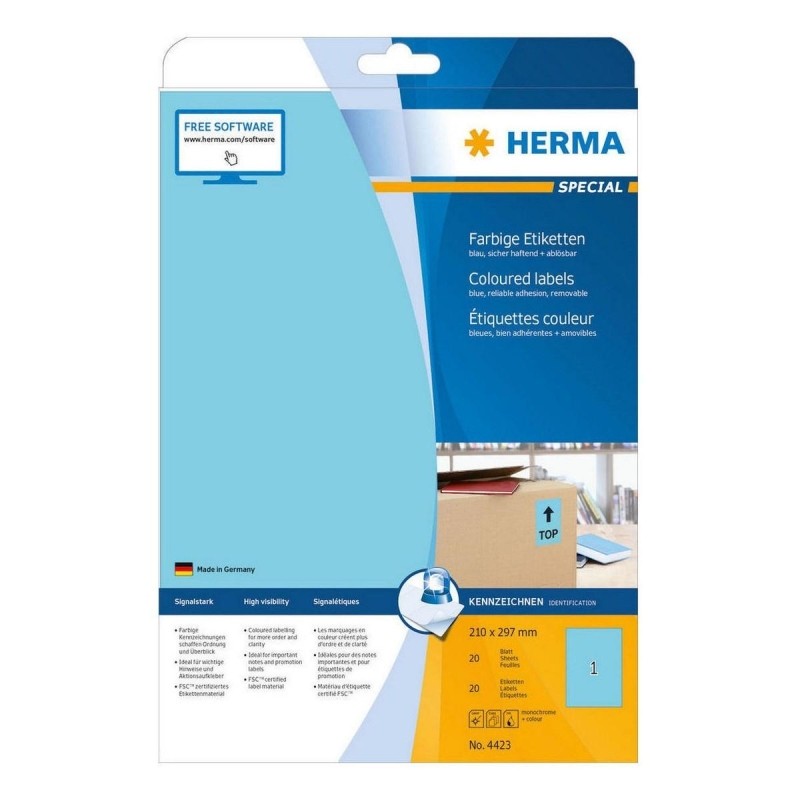Этикетки самоклеящиеся HERMA 210х297мм голубые матов 1шт/л А4(20л/уп) 4423