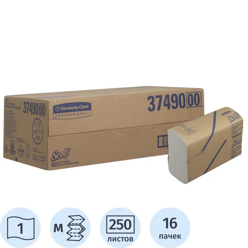 Полотенца бумажные д/дисп KK Scott Multi-Fold 1слбел Sсл 250л 16пач/уп 3749